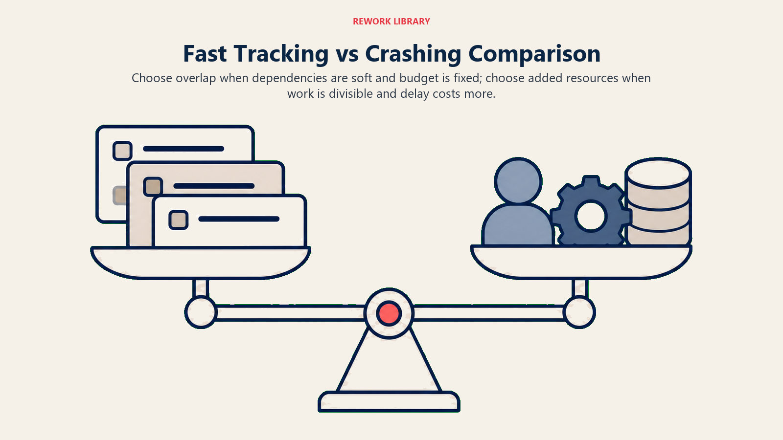 Fast Tracking vs Crashing Comparison illustrated with risk-cost balance with two compression tools