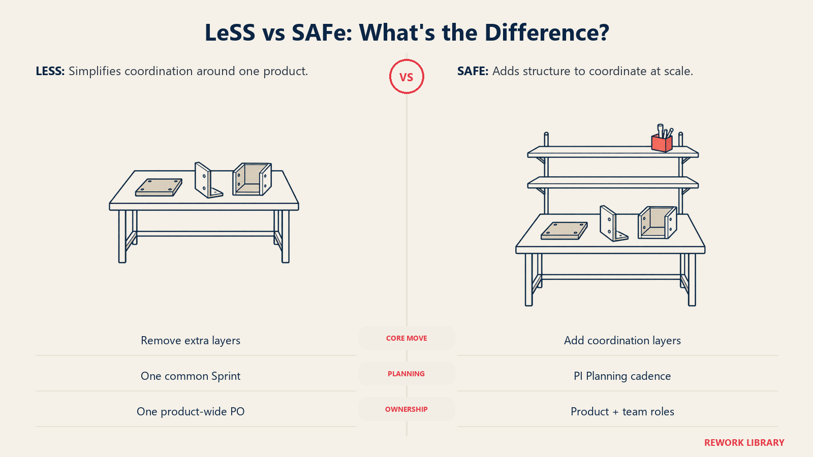 LeSSが共有の直接的な作業台を使うのに対し、SAFeはデリバリーチームの上に調整のレイヤーを追加する。
