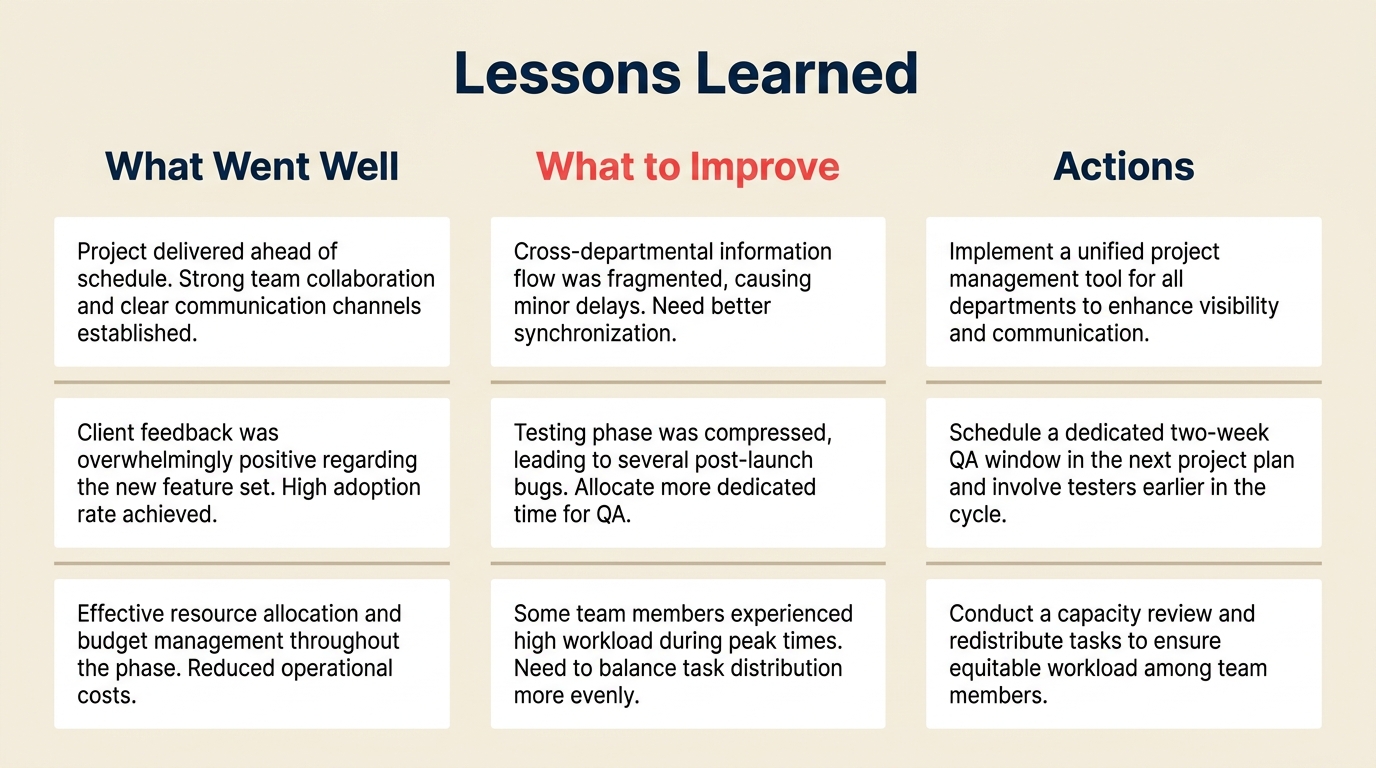 Lessons learned retrospective board showing what went well, what to improve, and action columns