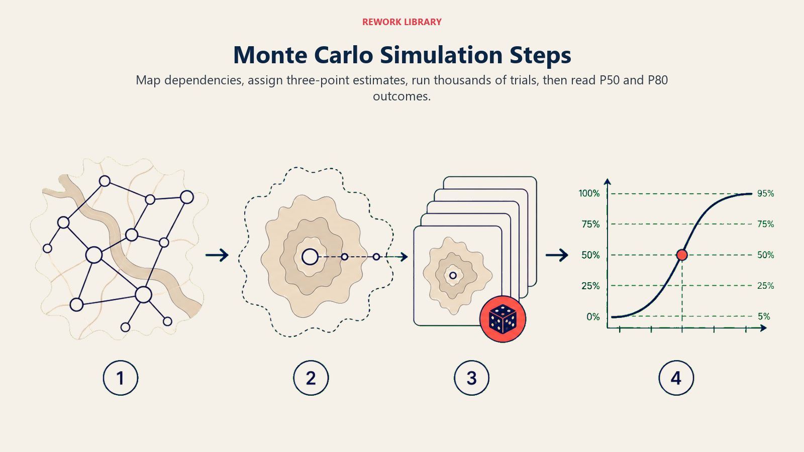 Monte Carlo Simulation Steps illustrated by a wide four-stage simulation route from network map to ranges, repeated trials, and percentile curve