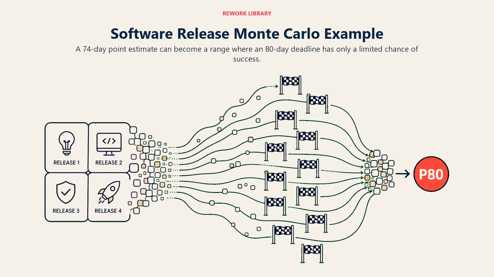 Software Release Monte Carlo Example illustrated by four release-phase blocks dissolving into many finish lines and regrouping at a coral P80 marker