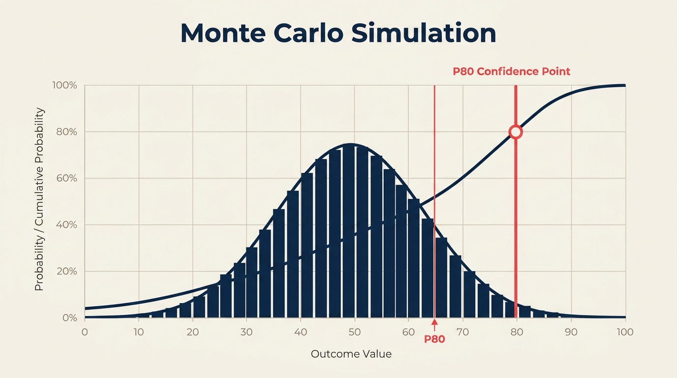 Monte Carlo simulation probability distribution curve for project completion