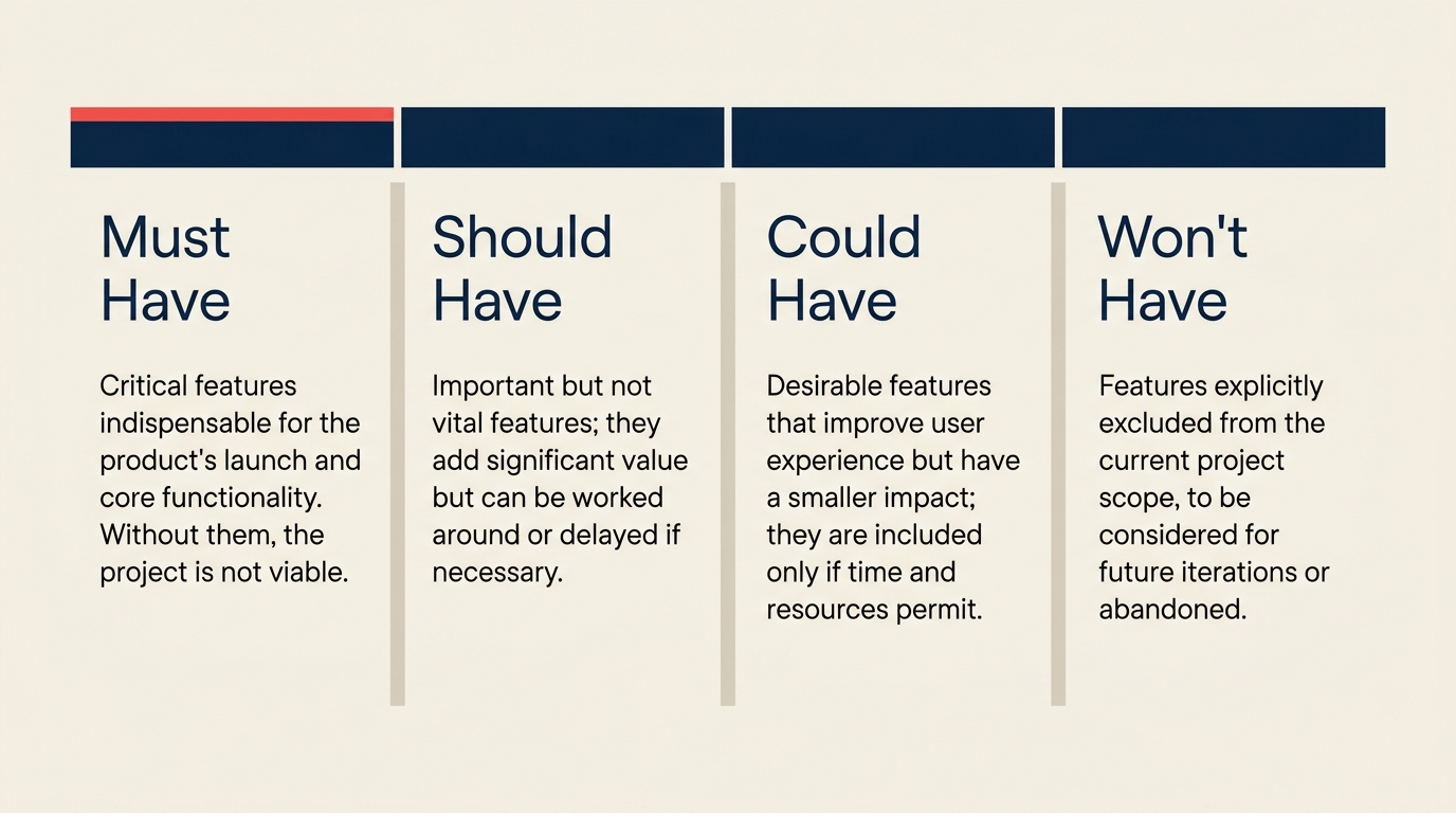 MoSCoW method four priority categories must should could and wont have