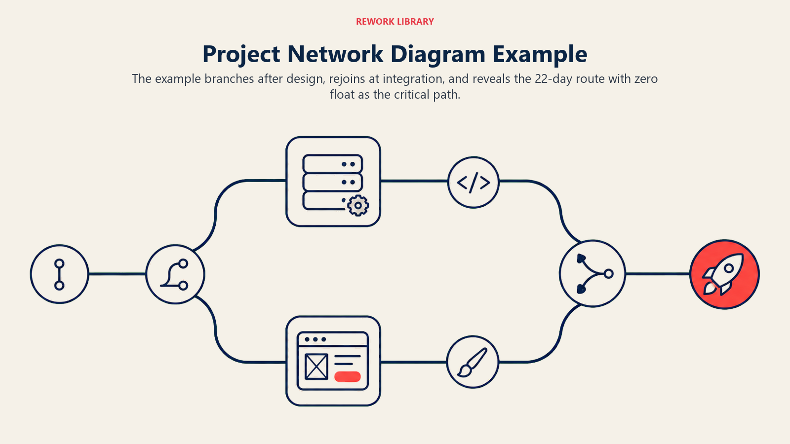 Project Network Diagram Example shown as a sparse release network with one branch through backend work, another through UI work, a merge at integration, and a final launch node