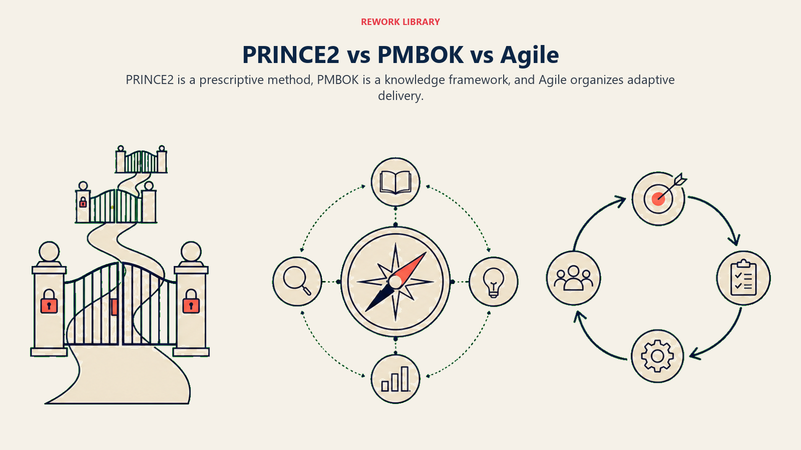 PRINCE2 vs PMBOK vs Agile: three contrasting wide pathways: gated stages, knowledge compass, and iterative loop