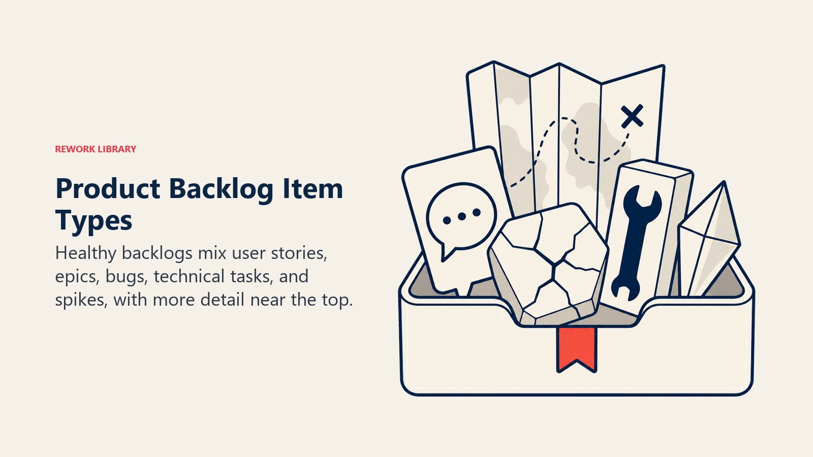 Product Backlog Item Types shown as user story, epic, bug, technical task, and spike artifacts