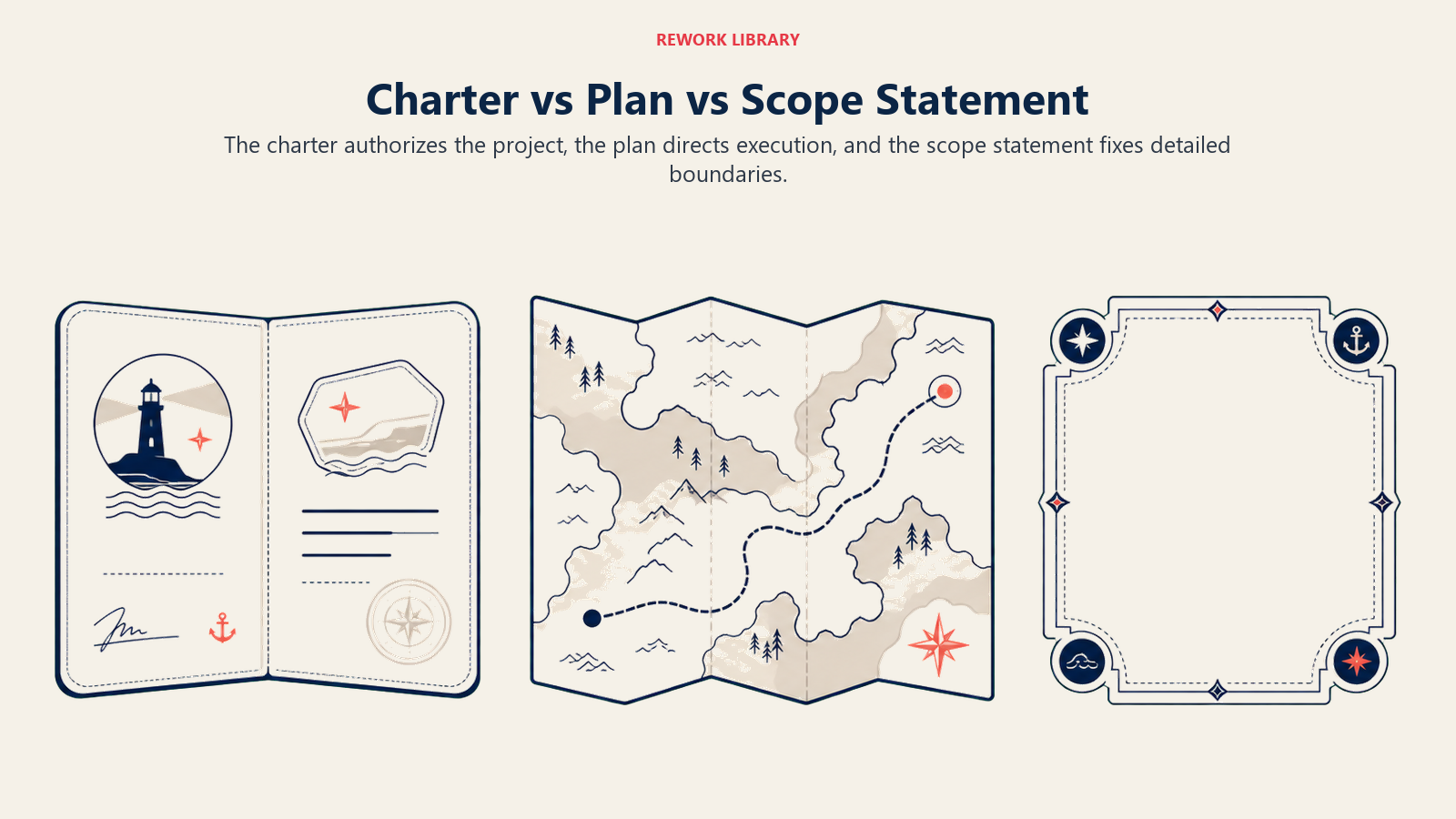 Charter vs Plan vs Scope Statement shown as three distinct project artifacts