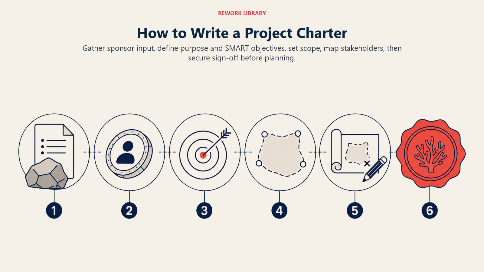 How to Write a Project Charter shown as a six-stage route to sponsor sign-off