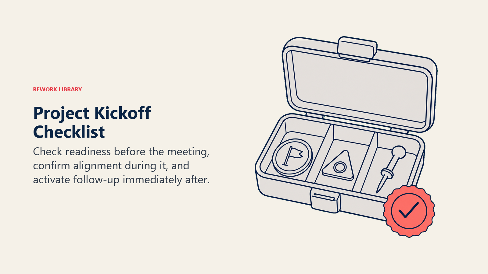 Project kickoff checklist organized into before, during, and after phases