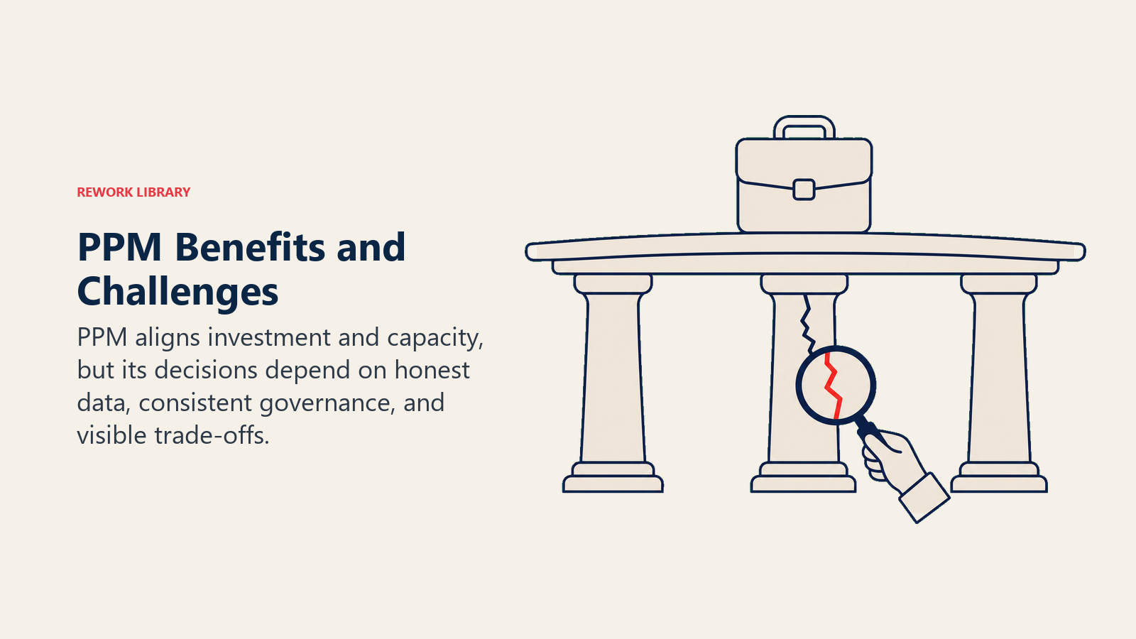 PPM Benefits and Challenges: portfolio bridge supported by three pillars with one visible data crack under inspection