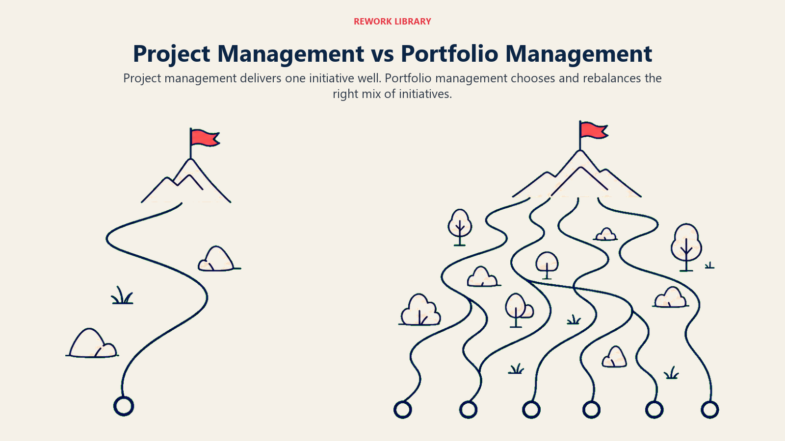 Project Management vs Portfolio Management: single project track beside a balanced field of multiple project tracks
