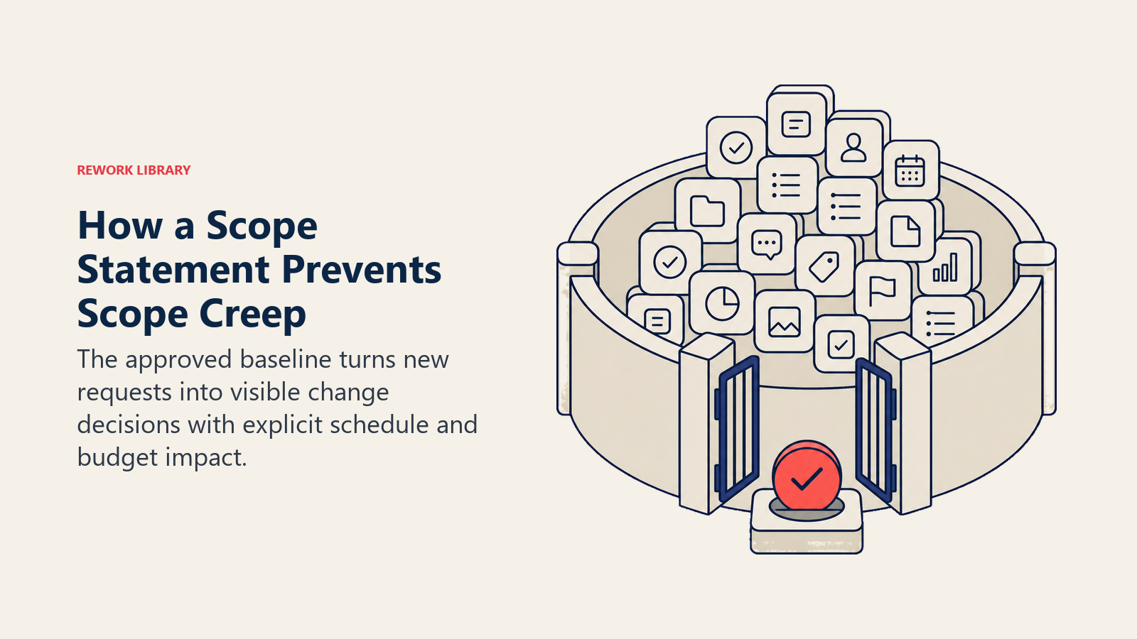 How a Scope Statement Prevents Scope Creep illustrated with boundary gate containing expanding task shapes