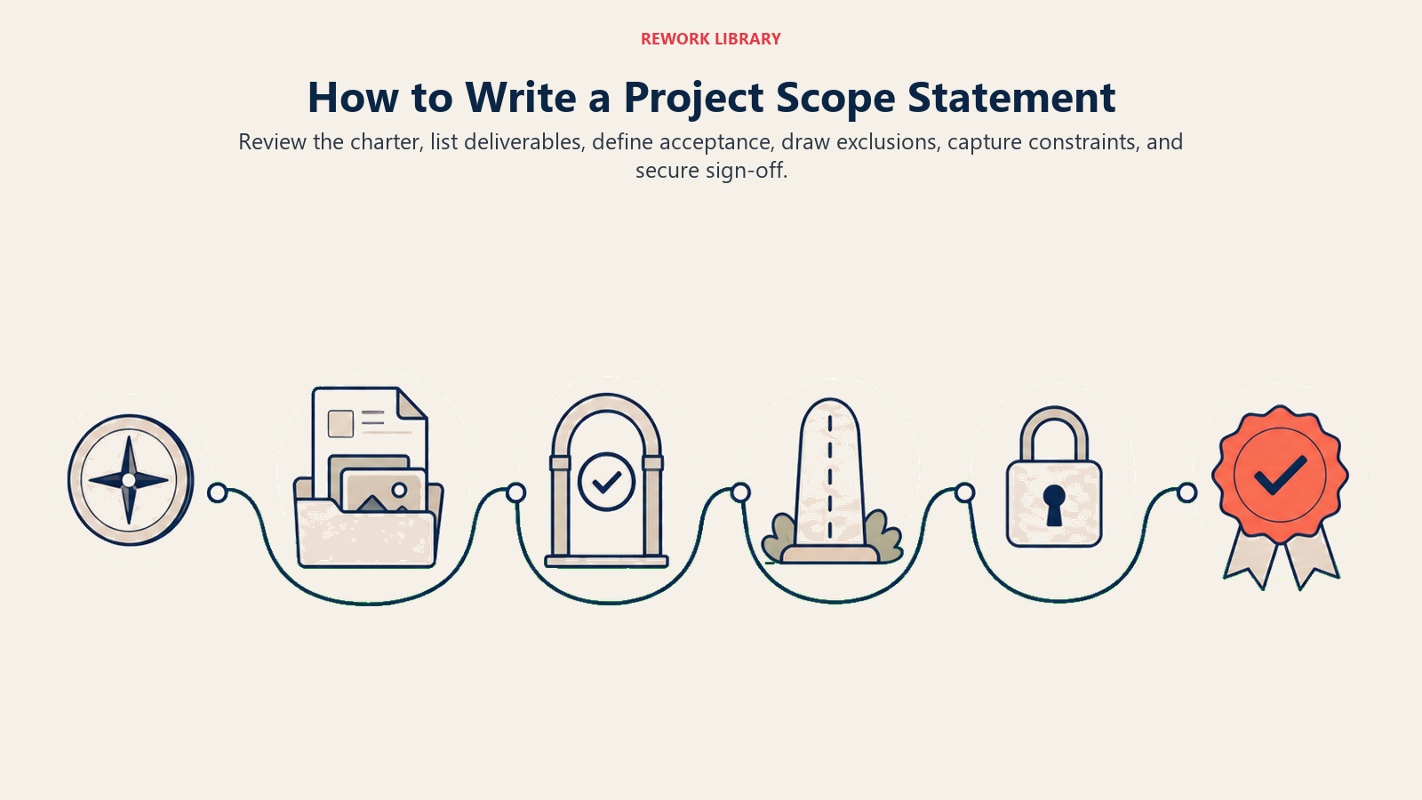 How to Write a Project Scope Statement illustrated with six-step drafting route ending in seal