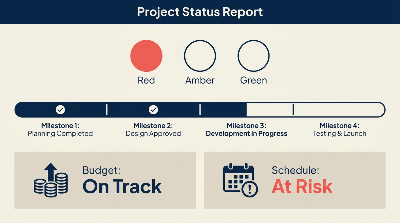 Project status report dashboard showing RAG indicator, milestone bar, and KPI tiles