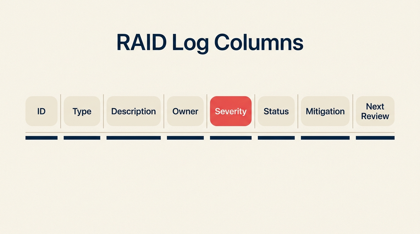 RAID log column structure with ID, type, owner, severity, status
