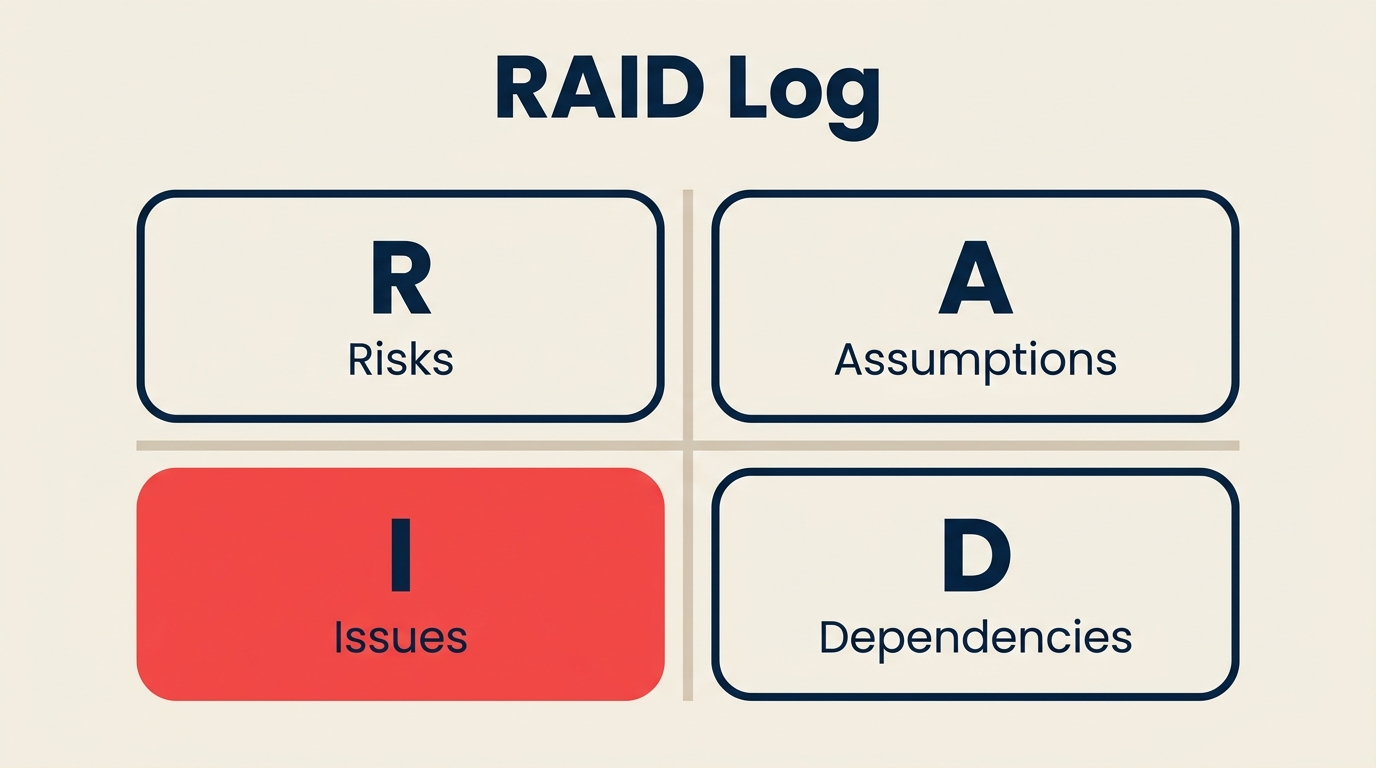 RAID log spreadsheet template with four sections