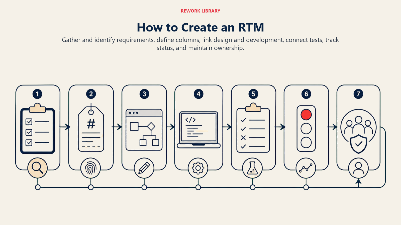 How to Create an RTM shown as a wide seven-stage traceability chain from raw requirements through unique IDs, design, development, tests, status, and living ownership