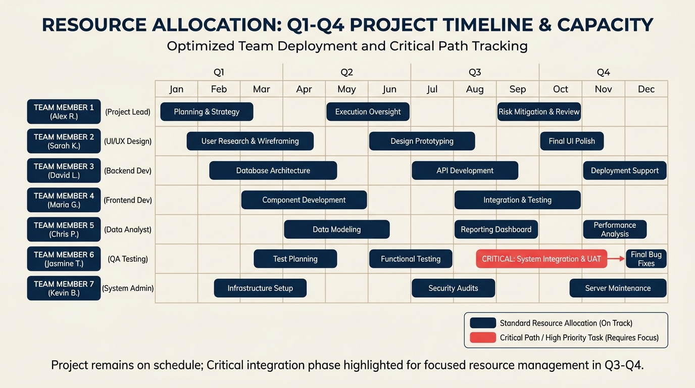 Resource allocation chart assigning team members to project tasks across a timeline