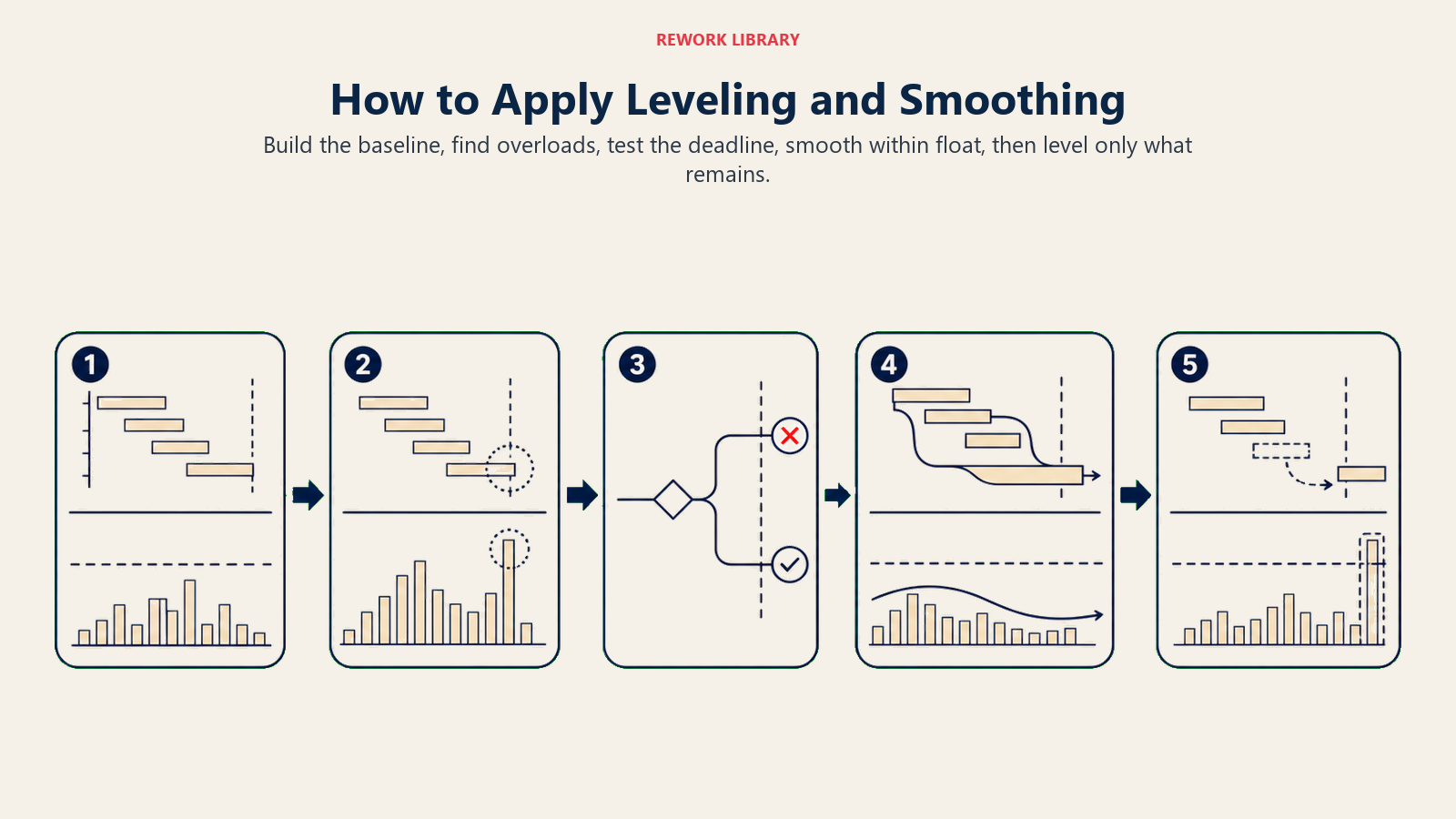 How to Apply Leveling and Smoothing visual showing histogram, over-allocation, fixed deadline fork, smoothing first, leveling second.