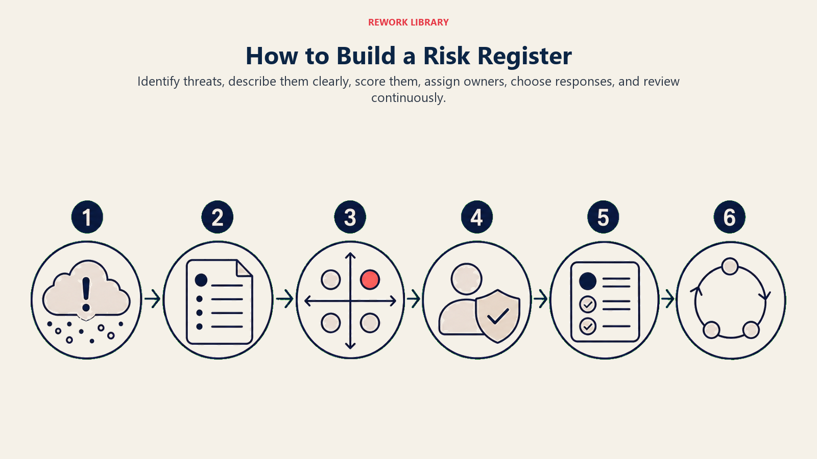 How to Build a Risk Register visual showing identify, describe, score, prioritize, respond, monitor.