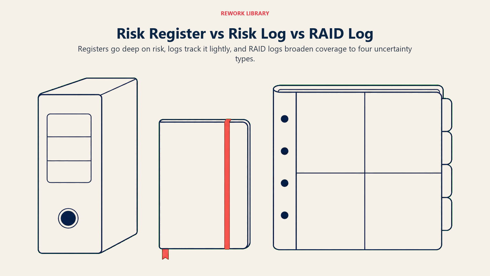 Risk Register vs Risk Log vs RAID Log visual showing depth, lightweight tracking, four-category breadth.