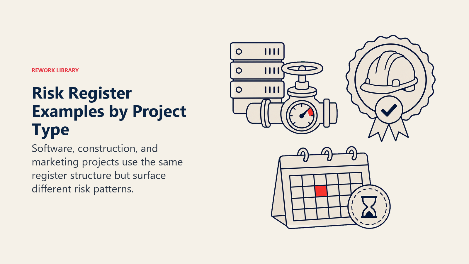 Risk Register Examples by Project Type visual showing API limits, safety certification, creative delivery.