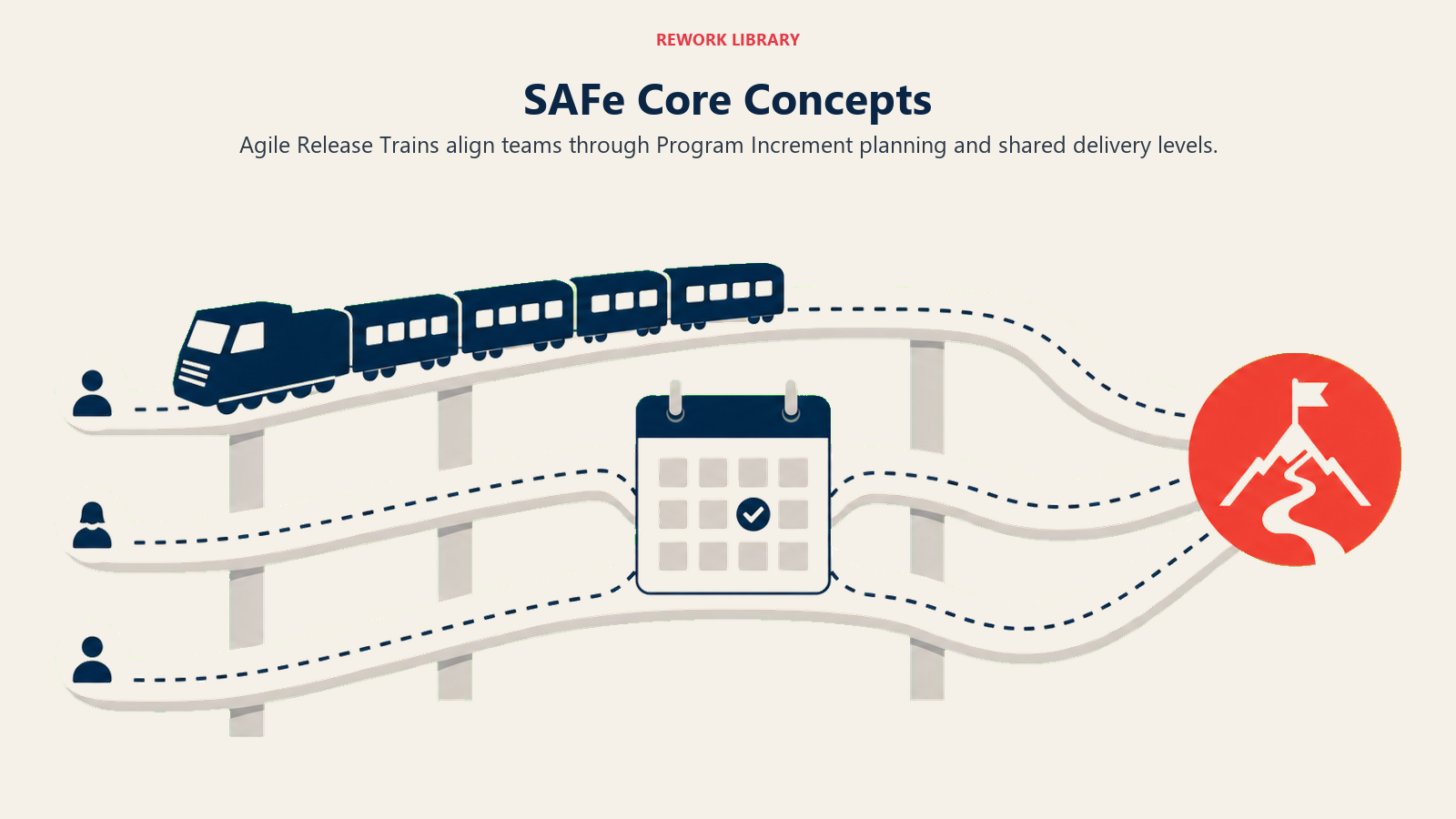 SAFe Core Concepts visual showing release train crossing team program portfolio levels