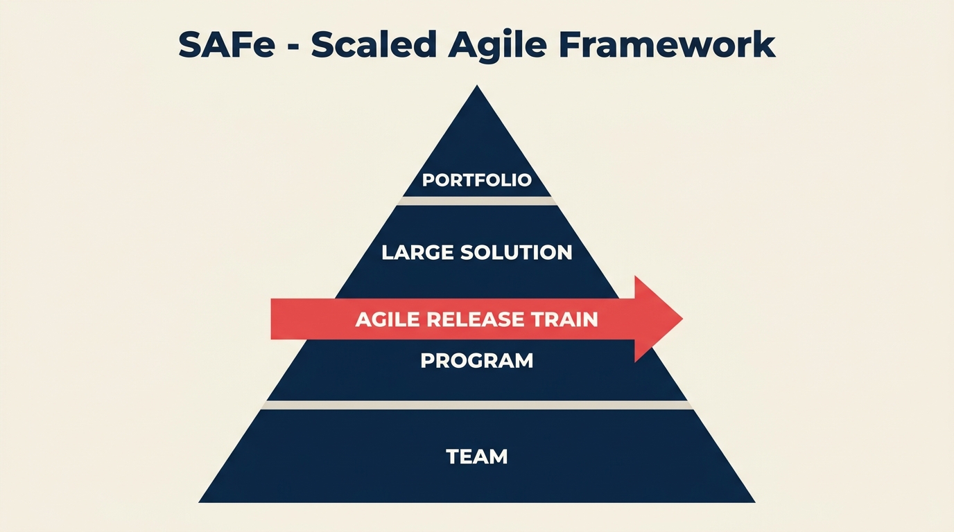 SAFe Scaled Agile Framework pyramid diagram showing Team, Program, Large Solution, and Portfolio levels with Agile Release Train