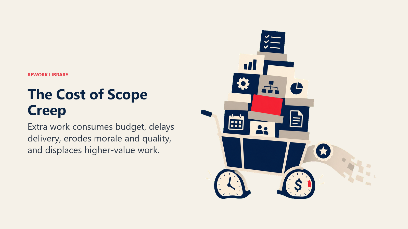 The Cost of Scope Creep visual showing overloaded cart bending time and cost wheels