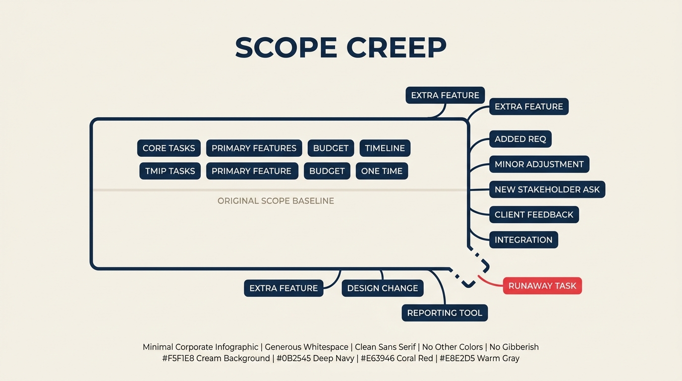 Scope creep diagram showing a project boundary expanding as extra tasks push past the original scope line