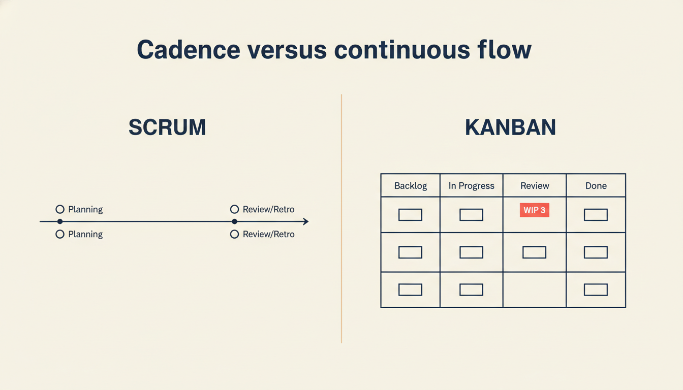 Side by side comparison of Scrum sprint cycle and Kanban continuous flow board with WIP limits