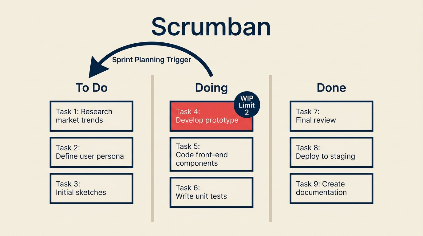 Scrumban board diagram merging a Kanban flow with a Scrum sprint planning loop