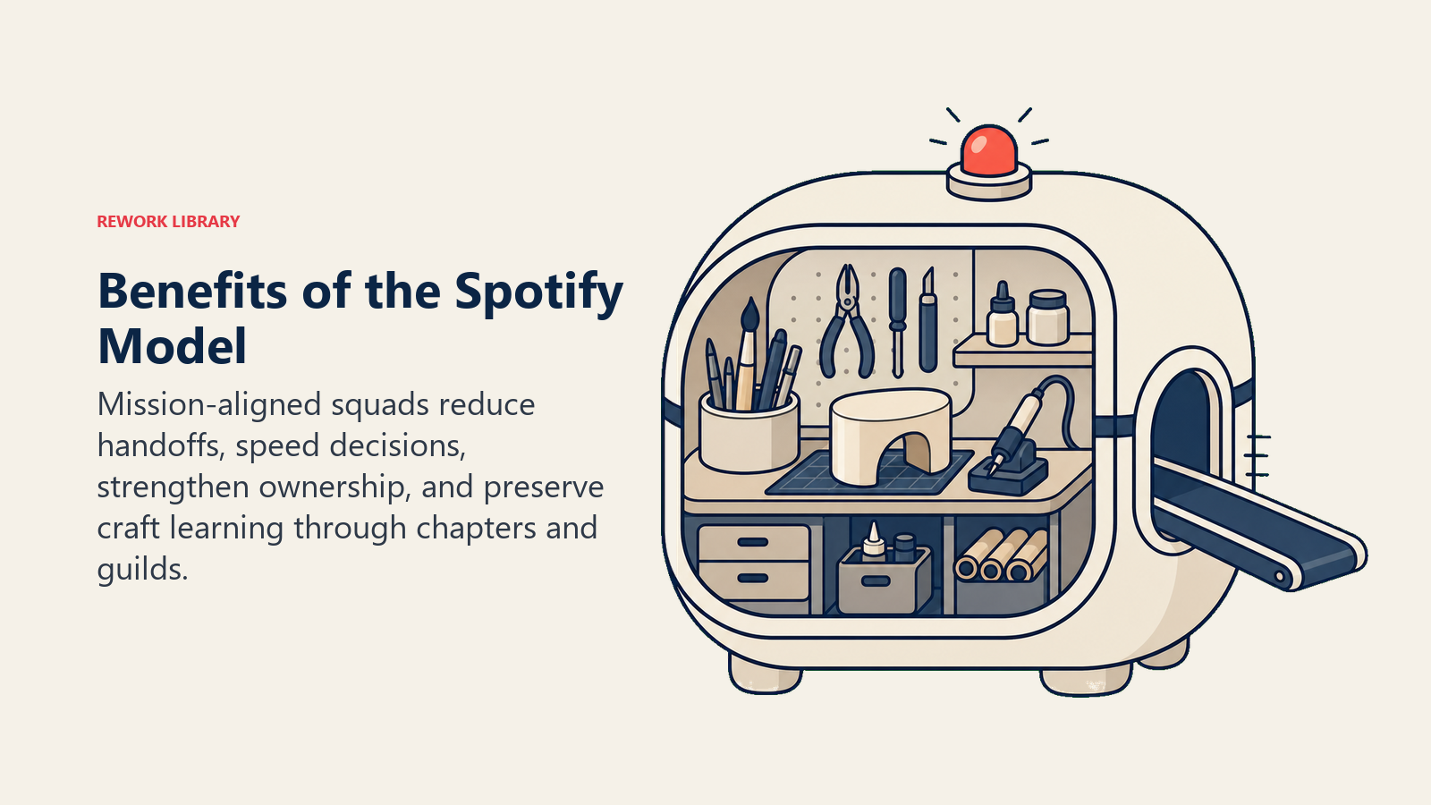 Benefits of the Spotify Model illustrated with autonomous squad pod with direct delivery lane
