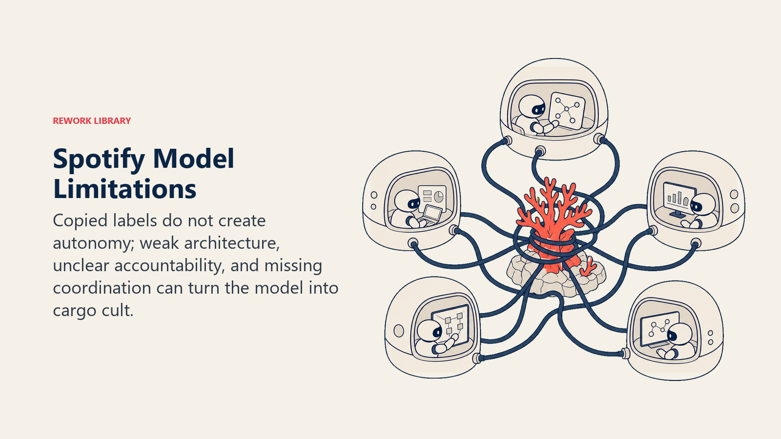 Spotify Model Limitations illustrated with autonomy pods tangled by dependency cables