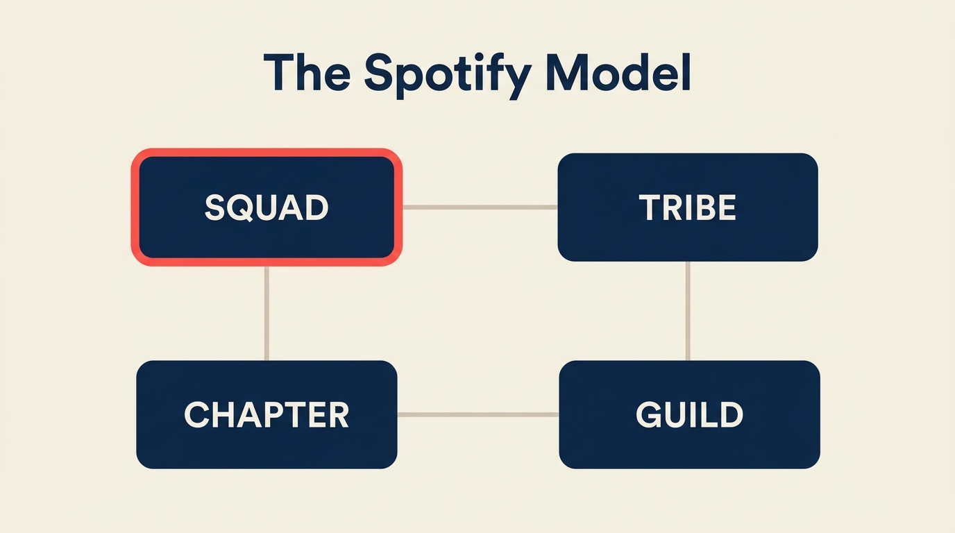 Spotify model infographic showing squads, tribes, chapters, and guilds structure