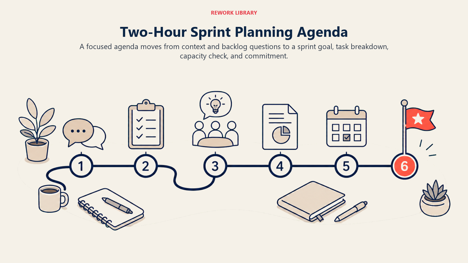 Two-Hour Sprint Planning Agenda shown as a wide six-stop meeting timeline shaped like a calm tabletop route with one coral commitment marker at the finish