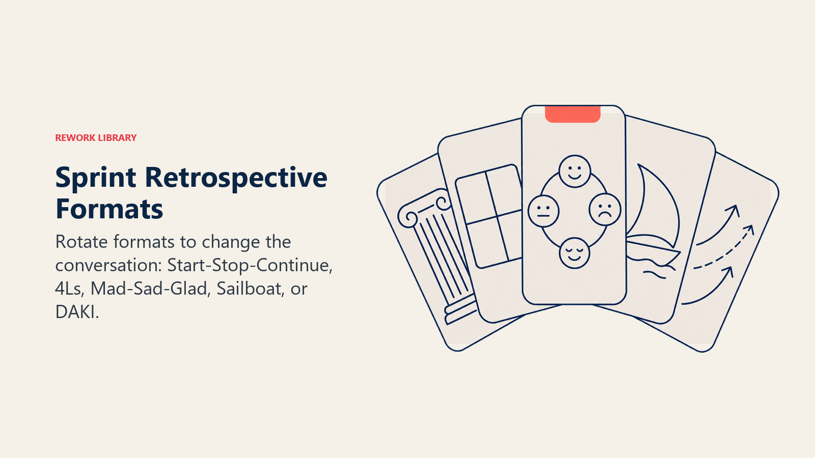 Sprint retrospective formats shown as a varied facilitator card deck
