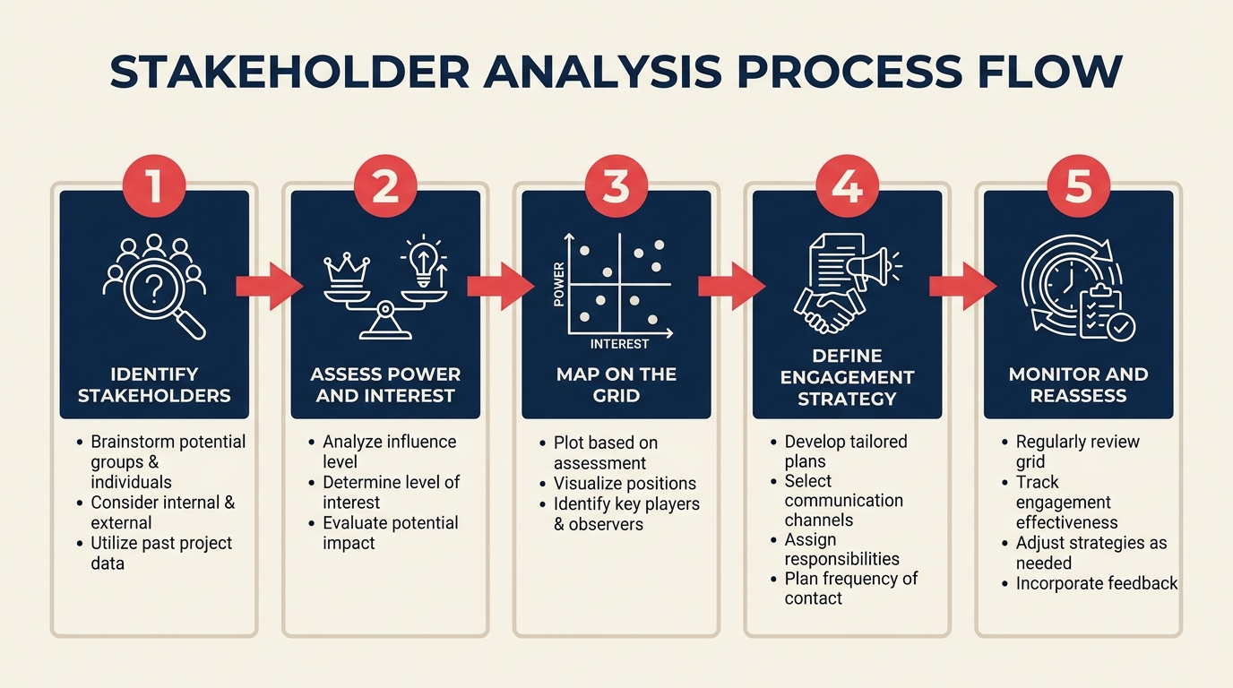 Five step stakeholder analysis process from identify to monitor