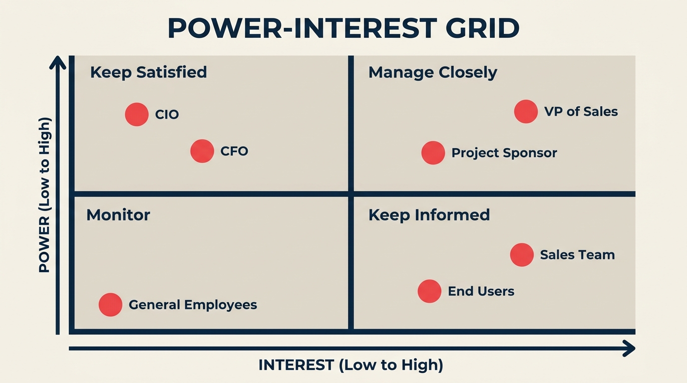 Example power interest grid plotting project stakeholders by influence