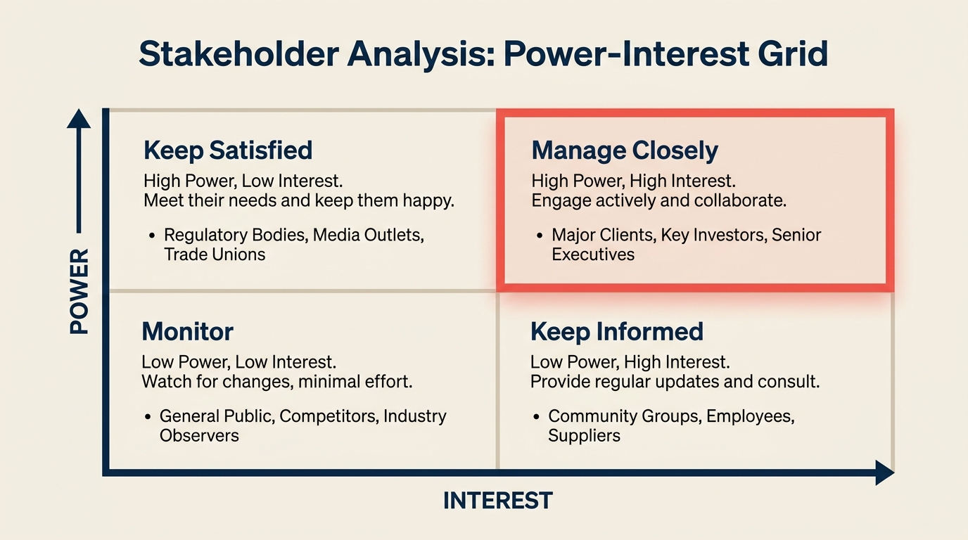 Stakeholder analysis power interest grid with four quadrants