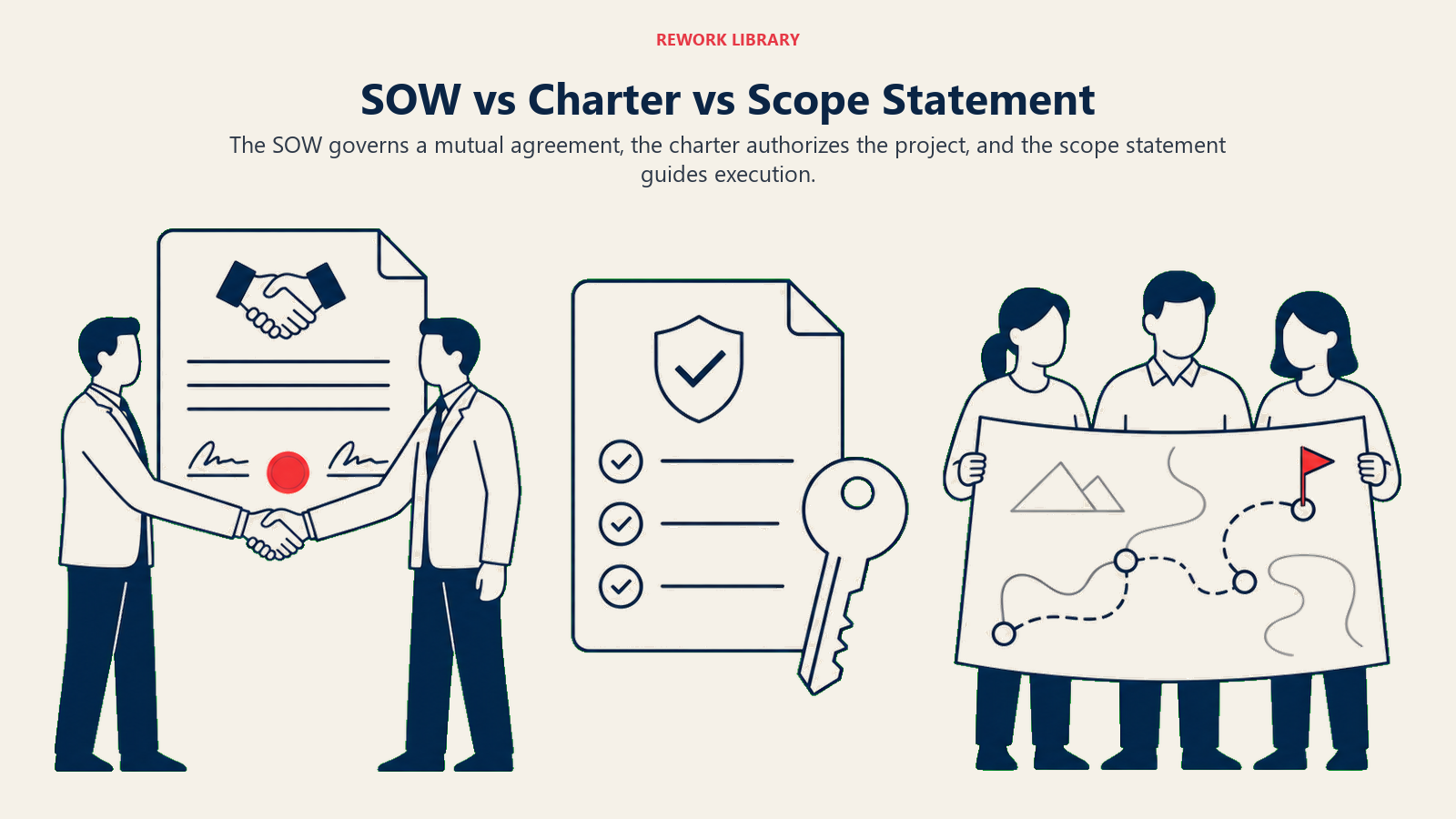 SOW vs Charter vs Scope Statement visual showing external legal weight, internal authority, execution reference.