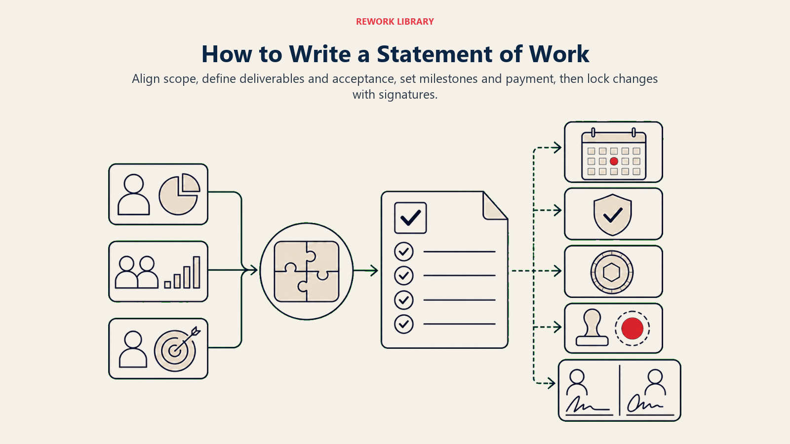 How to Write a Statement of Work visual showing scope workshop, WBS, acceptance, timeline, payment, change control.