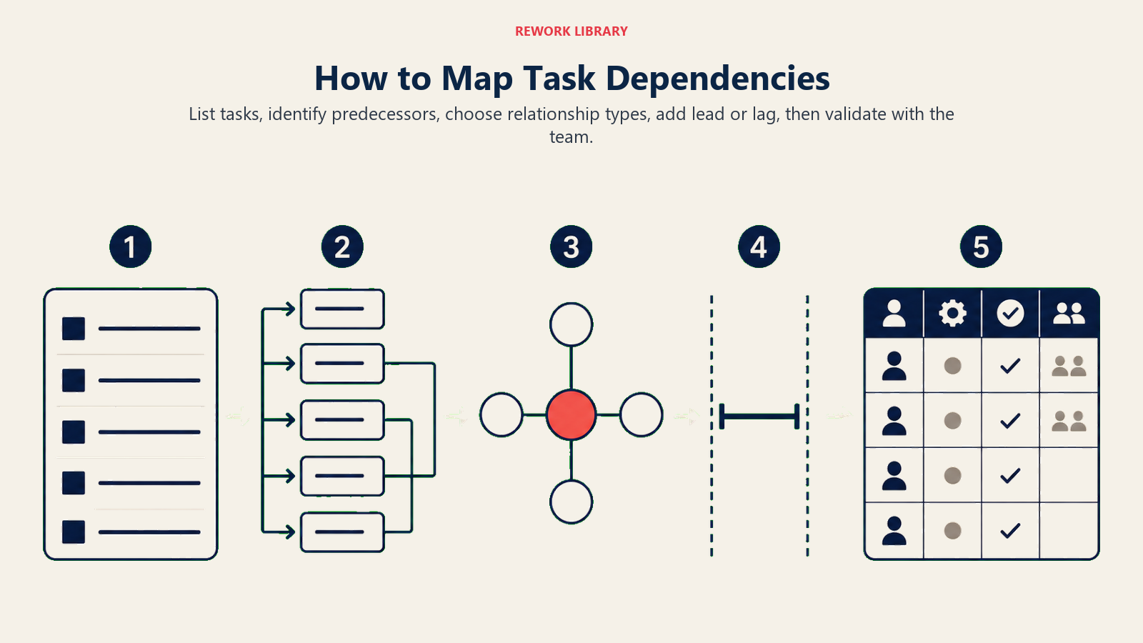 How to Map Task Dependencies visual showing five-stage mapping workflow