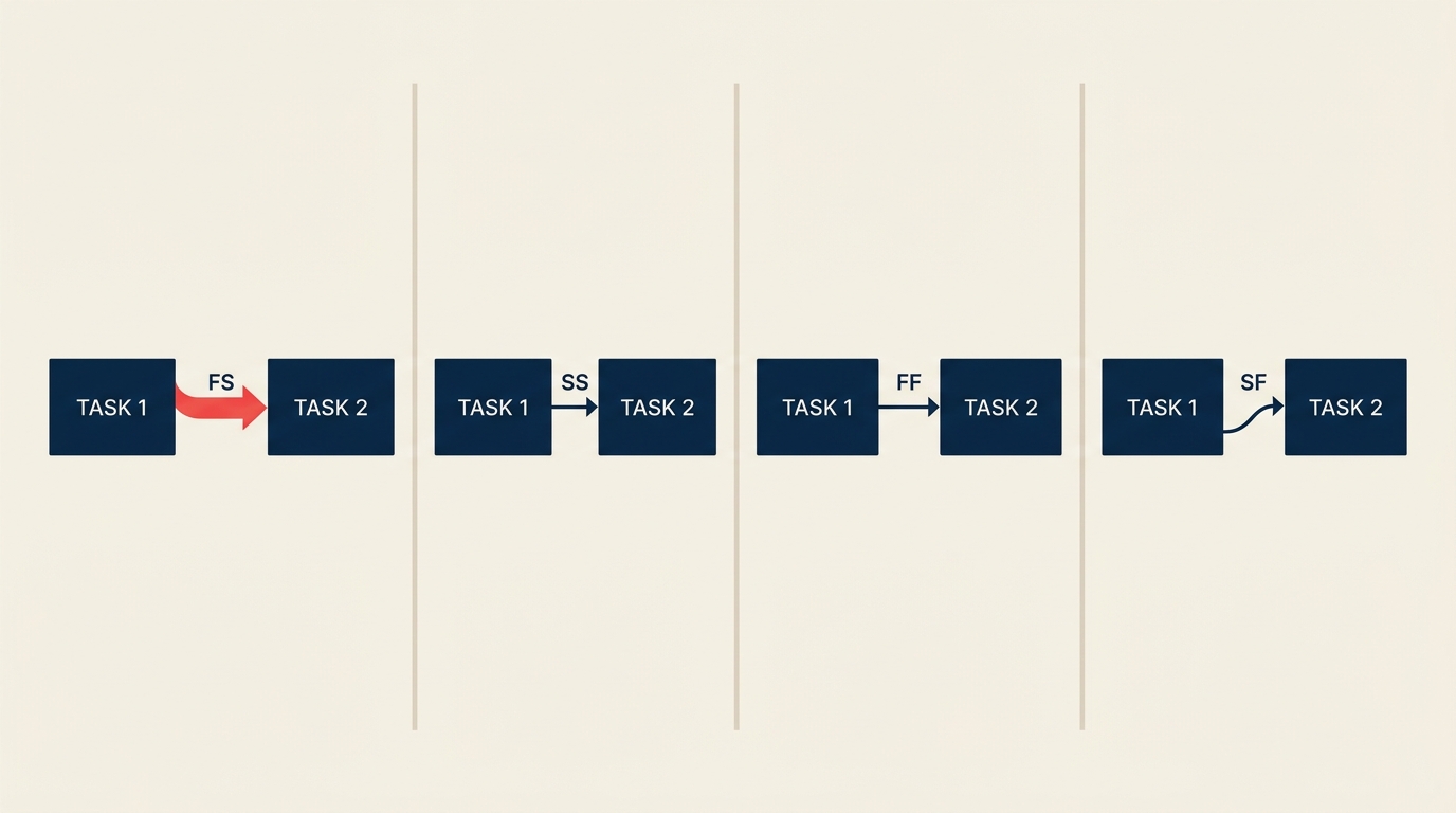 Four task dependency types FS SS FF SF shown as connected task pairs