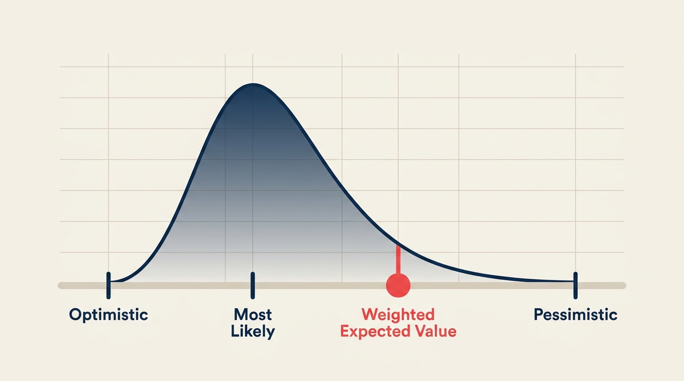 Three-point estimation distribution with optimistic, most likely, and pessimistic markers