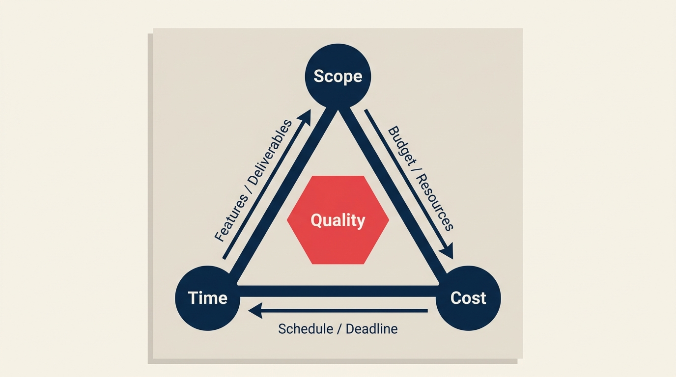 Iron triangle diagram with scope time cost on the sides and quality in the center