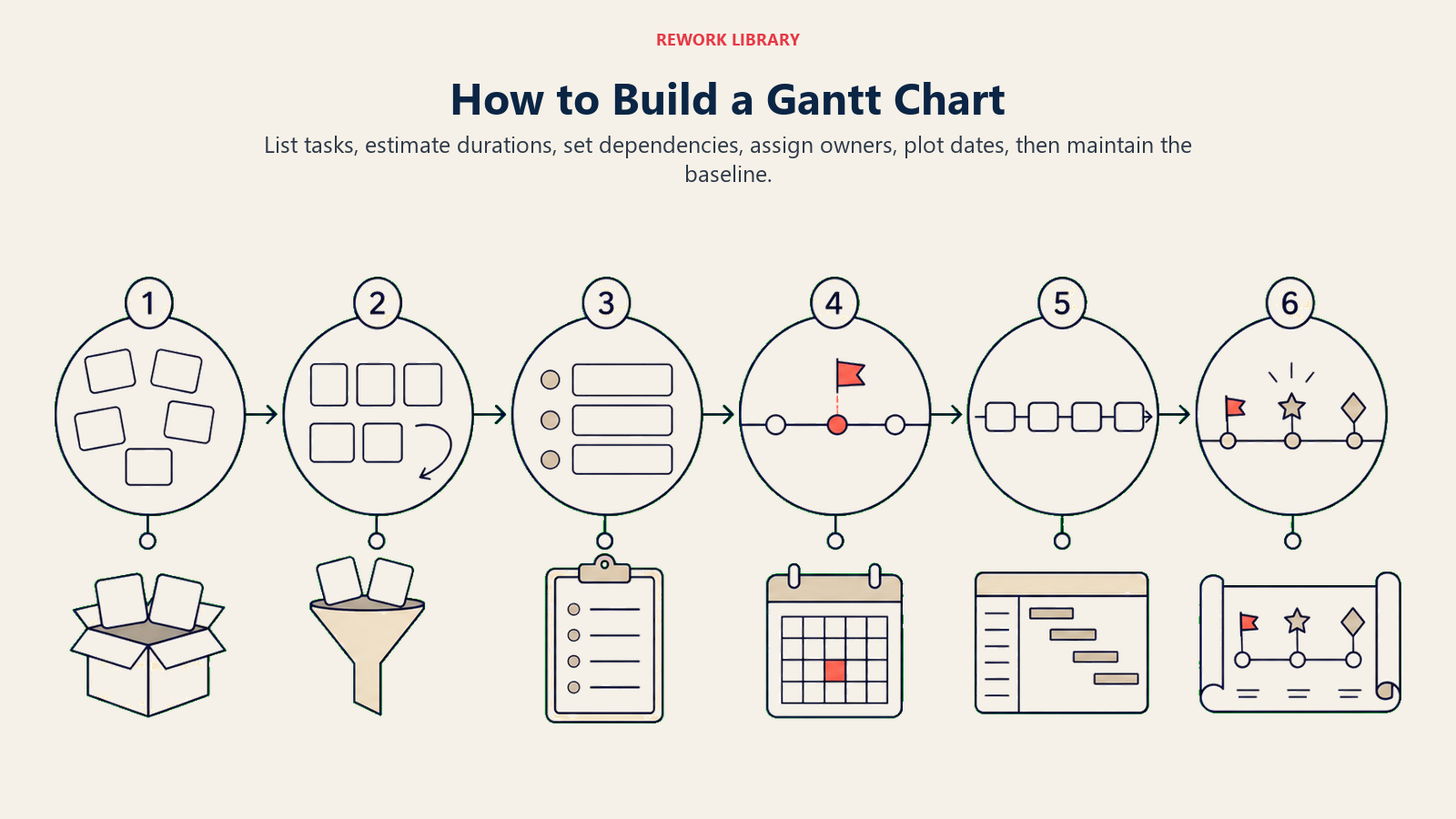How to Build a Gantt Chart illustrated by a wide six-stage construction path building a complete timeline from blank task cards