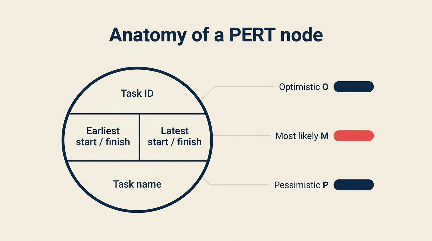 Anatomy of a PERT node: task name, optimistic, most likely, and pessimistic estimates