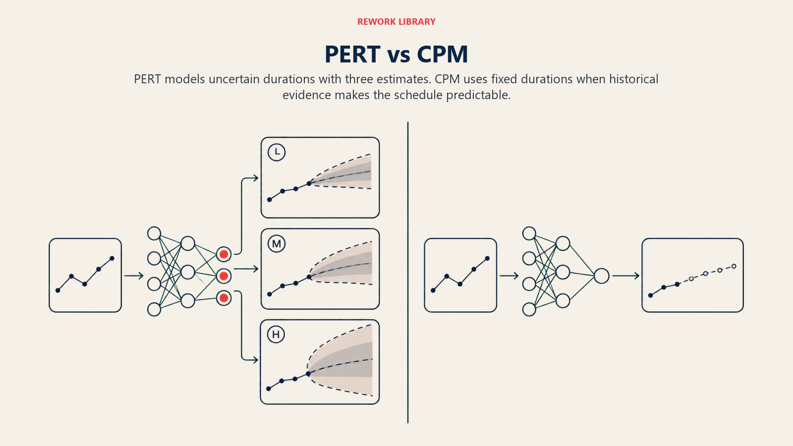 PERT vs CPM shown as a wide split comparison between a three-range uncertainty network and a single-duration deterministic network