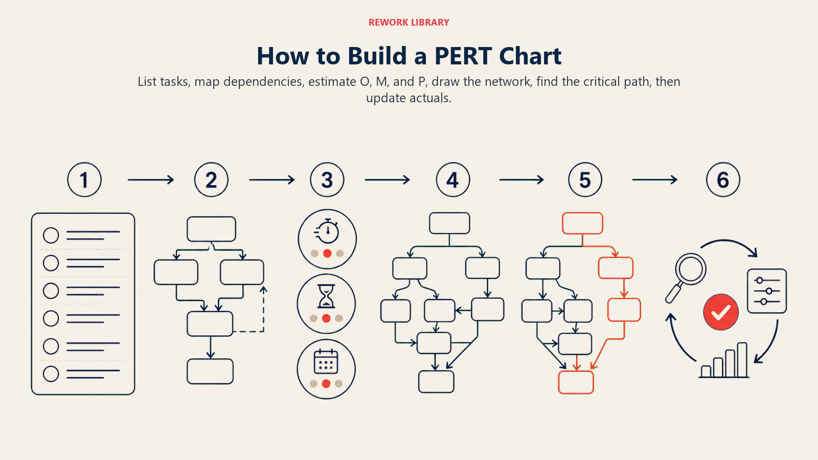 How to Build a PERT Chart shown as a wide six-stage route from task inventory to dependency map, three-estimate tokens, full network, highlighted path, and recalibration loop